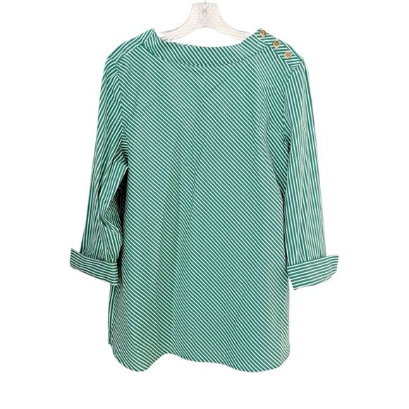 Chico's Tops - Chico’s Green & White Diagonal Stripe Blouse 3 Button Shoulder Detail size large